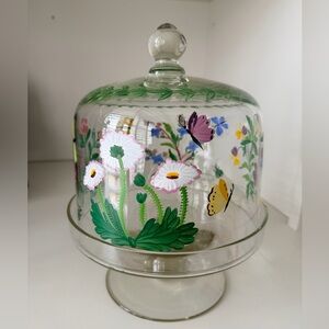 Vintage ROYAL DANUBE Hand Painted Crystal Romania Pedestal Cake Plate W/ Cloche